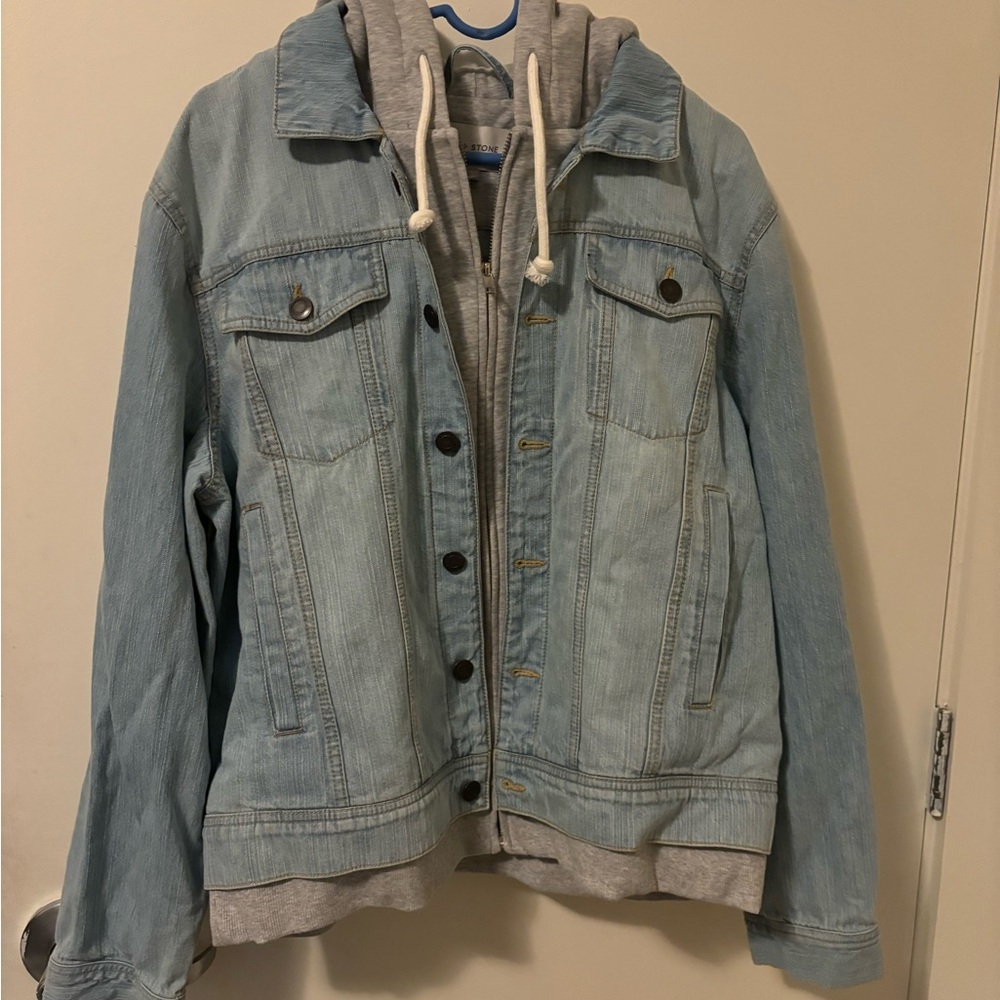 Denim jacket with gray built-in hoodie